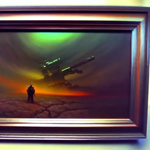 Prompt: a les edwards sci - fi style sci - fi gun, oil on canvas, smooth, sharp focus, vibrant volumetric natural light.