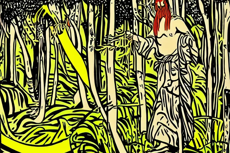 Prompt: a shaman in the forest, by roy lichtenstein, illustation, art nouveau, 8 k, extreme detail, sharp focus