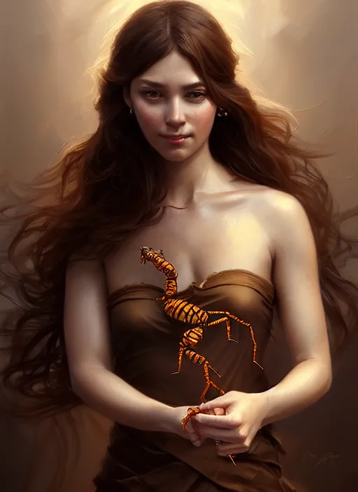 Prompt: portrait of a woman with brown hair wearing a flowing dress, holding her hand out with a scorpion on the hand, intricate, elegant, highly detailed, digital painting, artstation, concept art, smooth, sharp focus, illustration, art by wlop, mars ravelo and greg rutkowski