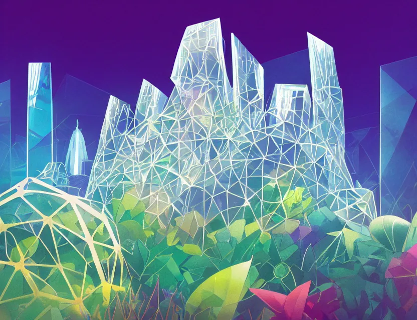 Image similar to beautiful futuristic crystal architecture with organic shapes, blooming plants growing on it. gouache, limited palette with complementary colors, by award - winning mangaka, backlighting, bold composition, depth of field.