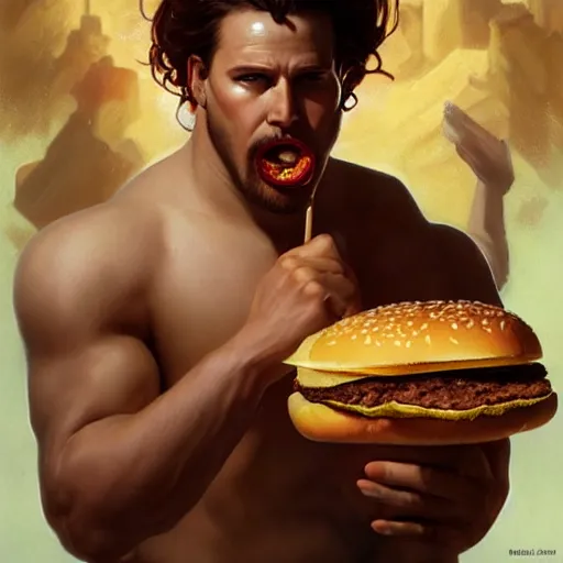 Prompt: portrait of hercules eating hamburgers, extra onions and ketchup, luscious patty with sesame seeds, feminine ethereal, handsome, d & d, fantasy, intricate, elegant, highly detailed, digital painting, artstation, concept art, matte, sharp focus, illustration, art by artgerm and greg rutkowski and alphonse mucha