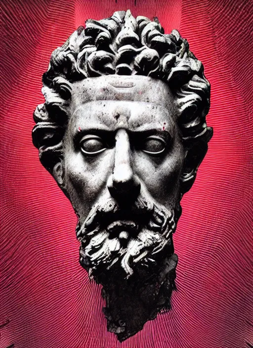 Image similar to dark design poster showing a heroic statue of marcus aurelius, black background with very subtle red and purple design elements, powerful, nekro, vito acconci, thin straight lines, dark, glitch art, neo vaporwave, gritty, layout frame, square, trending on artstation