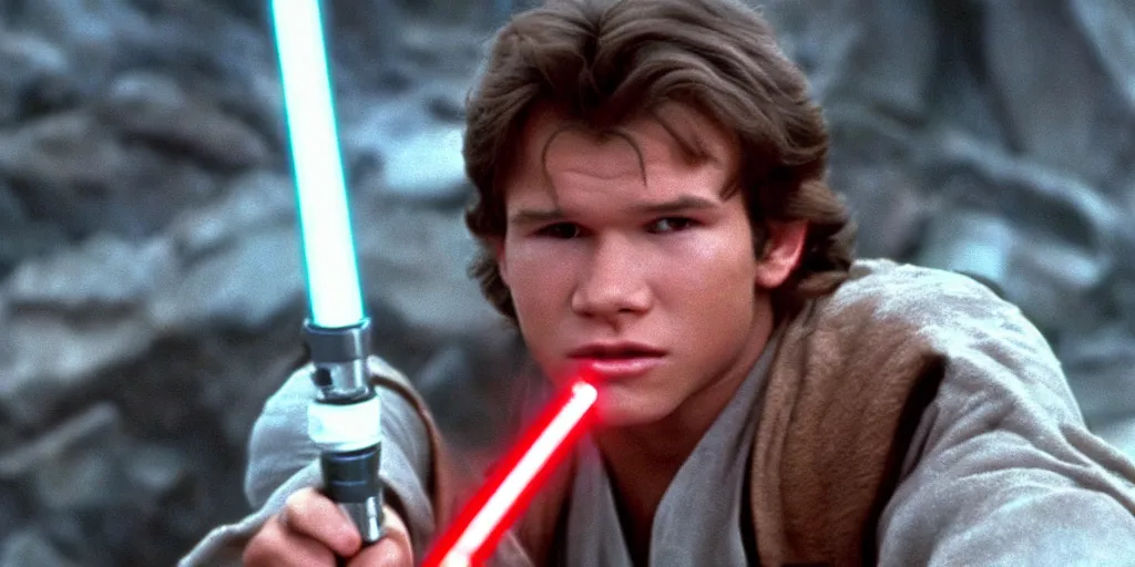 Image similar to A full color still from a film of a teenage Han Solo as a Jedi padawan holding a lightsaber hilt, from The Phantom Menace, directed by Steven Spielberg, 35mm 1990