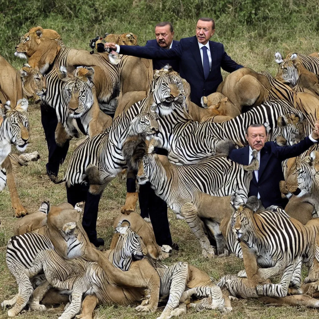 Prompt: recep tayyip erdoğan hunting with lions a zebra