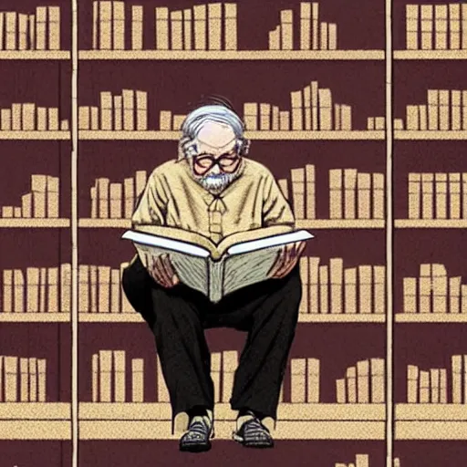 Prompt: detailed 2 d illustration pictures a old man read manga while sitting on his library bokeh, detailed details and rosy glow cinematic in the style of banksy and alex ross