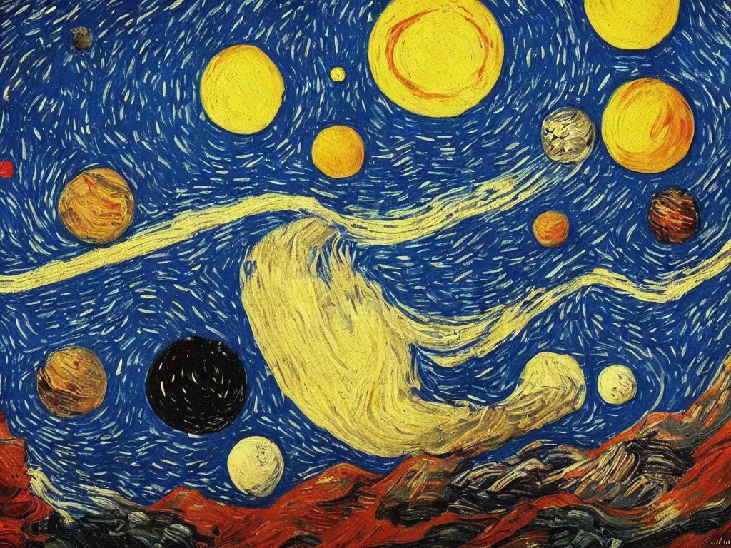 Prompt: A beautiful painting of a five planets by Gioele Muscolino and Van Gogh, There are only five planets that are black, white, yellow, red, and blue, behind the galaxy and the universe, Trending on artstation, starry sky