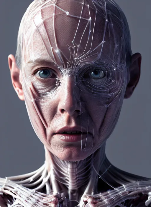 Image similar to 3 / 4 portrait, queen emma with transparent skin, visible muscle and bones and veins and nerves, hyperrealism, detailed textures, photorealistic 3 d cyberpunk apocalyptic city, futuristic clothing and helmet, ultra realistic, cinematic, intricate, cinematic light, unreal engine 8 k, octane render, unreal engine by david kostic and stanley lau and artgerm