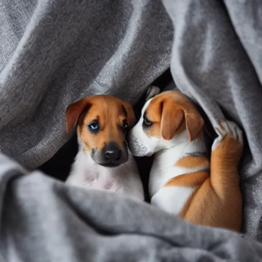 Prompt: two puppies fighting under a blanket