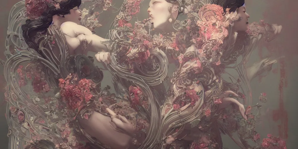 Image similar to breathtaking detailed hellbllade cyborg concept art painting art deco pattern of birds goddesses amalmation flowers, by hsiao ron cheng, tetsuya ichida, bizarre compositions, exquisite detail, extremely moody lighting, 8 k, art nouveau, old chines painting