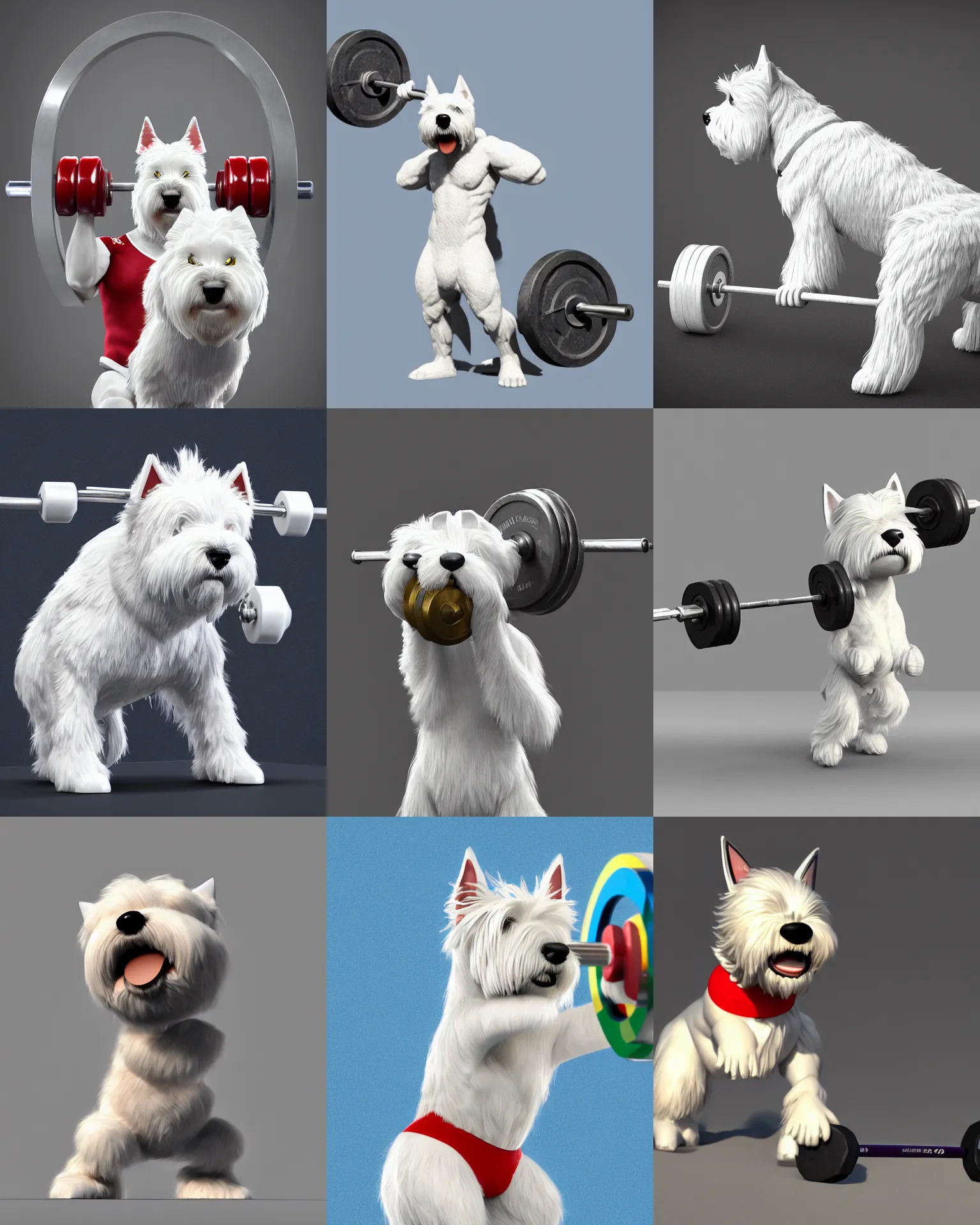 Prompt: an anthropomorphic anthropomorphic west highland white terrier weight lifting weightlifting barbell up and over it's head in olympic olympic game, ultra detailed, 3 d rendering, photo realistic, concept art, 4 k, artstation, cgsociety
