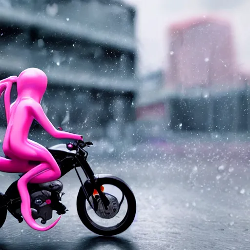 Prompt: hyper realistic, photo, humanoid pink female Squid girl, riding a motorcycle fast in the rainy city traffic