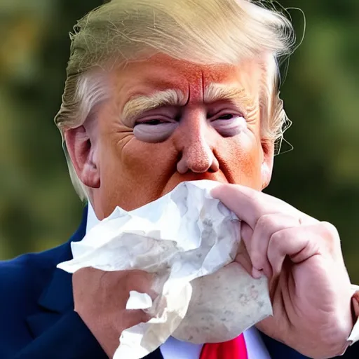 Image similar to candid portrait photo of president trump shoving a crumpled up wad of paper into his mouth