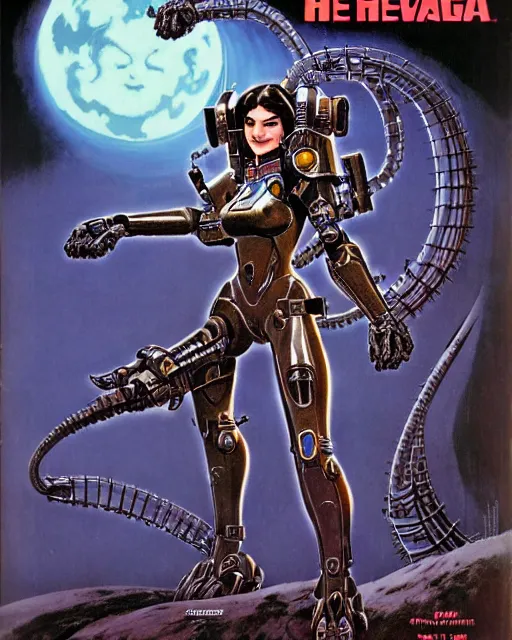 Image similar to d. va from overwatch, heavey metal magazine cover, in the style of r. giger, frank frazetta, and esteban maroto