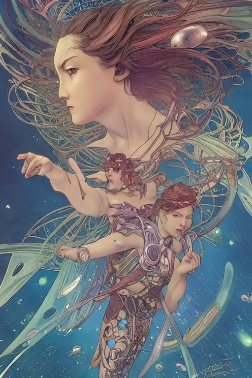 Image similar to swimming through time, by artgerm and yoshitaka amano and moebius and alphonse mucha, hyperdetailed, dc comics, ornate, nebula, explosions in the sky, trending on artstation