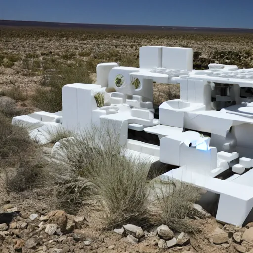 Image similar to white habitat 6 7, lego architect building in the dessert, many plants and infinite pool