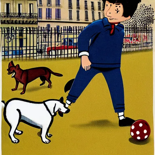 Image similar to book illustration of a french boy on the streets of paris playing football against a corgi, the dog is wearing a polka dot scarf, 1 9 6 6