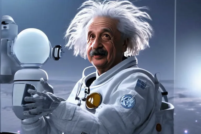 Prompt: still photo of albert einstein in spacesuit, highly detailed, photorealistic shot, bright studio setting, studio lighting, crisp quality and light reflections, unreal engine 5 quality render