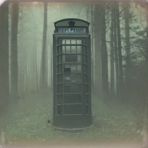 Prompt: a phone booth in the middle of a forest at night, dark, foggy, eerie, creepy, unsettling, lost footage, old polaroid, expired film,