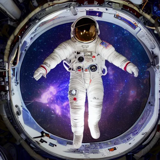 Image similar to photograph of an astronaut in space, singular light source from below, only suit legs and arms illuminated, full body photo, 8 k