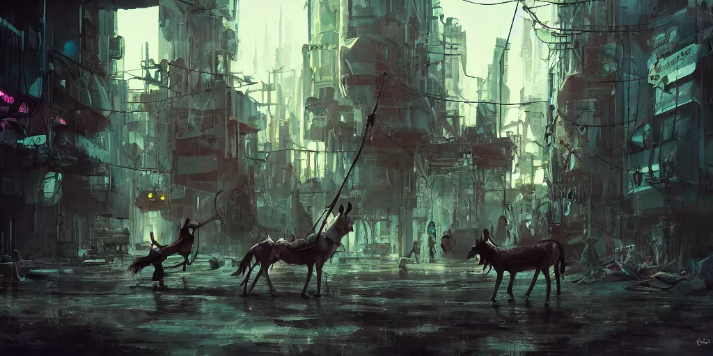 Image similar to donkey riding a swing in a a cyberpunk dystopian city at day, artstation