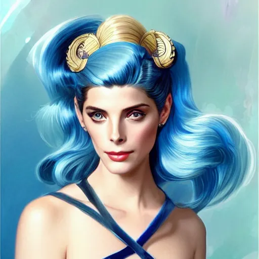 Image similar to Ashley Greene's face combined with Grace Kelly's face with blue hair as Sailor Moon, western, D&D, fantasy, intricate, elegant, highly detailed, digital painting, artstation, concept art, matte, sharp focus, illustration, art by Artgerm and Greg Rutkowski and Alphonse Mucha