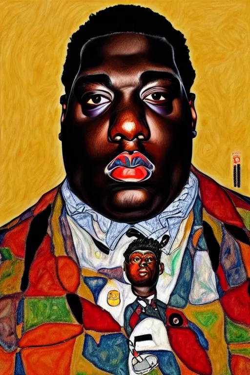 Image similar to a portrait of biggie small in style of egon schiele, masterpiece, hyperdetailed, complex, intricate, 4 k, trending on artstation