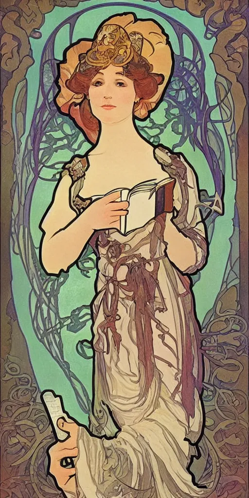 Prompt: Mage with a magical book, Alfons Mucha art style