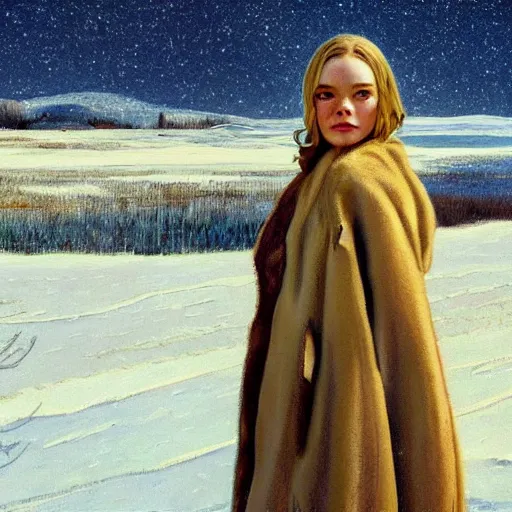 Prompt: Elle Fanning in a snowy field, head and shoulders masterpiece, apocalypse, golden hour, cosmic horror, artstation, in the style of Andrew Wyeth and Edward Hopper, extremely detailed