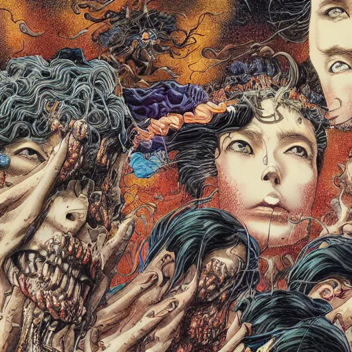 Image similar to closeup of exploding heads, by yoichi hatakenaka, masamune shirow, josan gonzales and dan mumford, ayami kojima, takato yamamoto, barclay shaw, karol bak