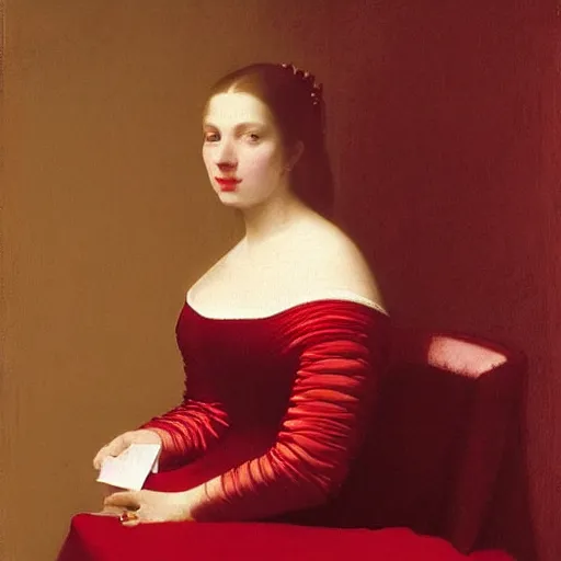 Prompt: sublime portrait of a woman in a red satin dress, very pale, graceful yet imposing, by Vermeer, (Bouguereau), strong dramatic cinematic lighting, 17th-century, smooth, sharp focus, extremely detailed