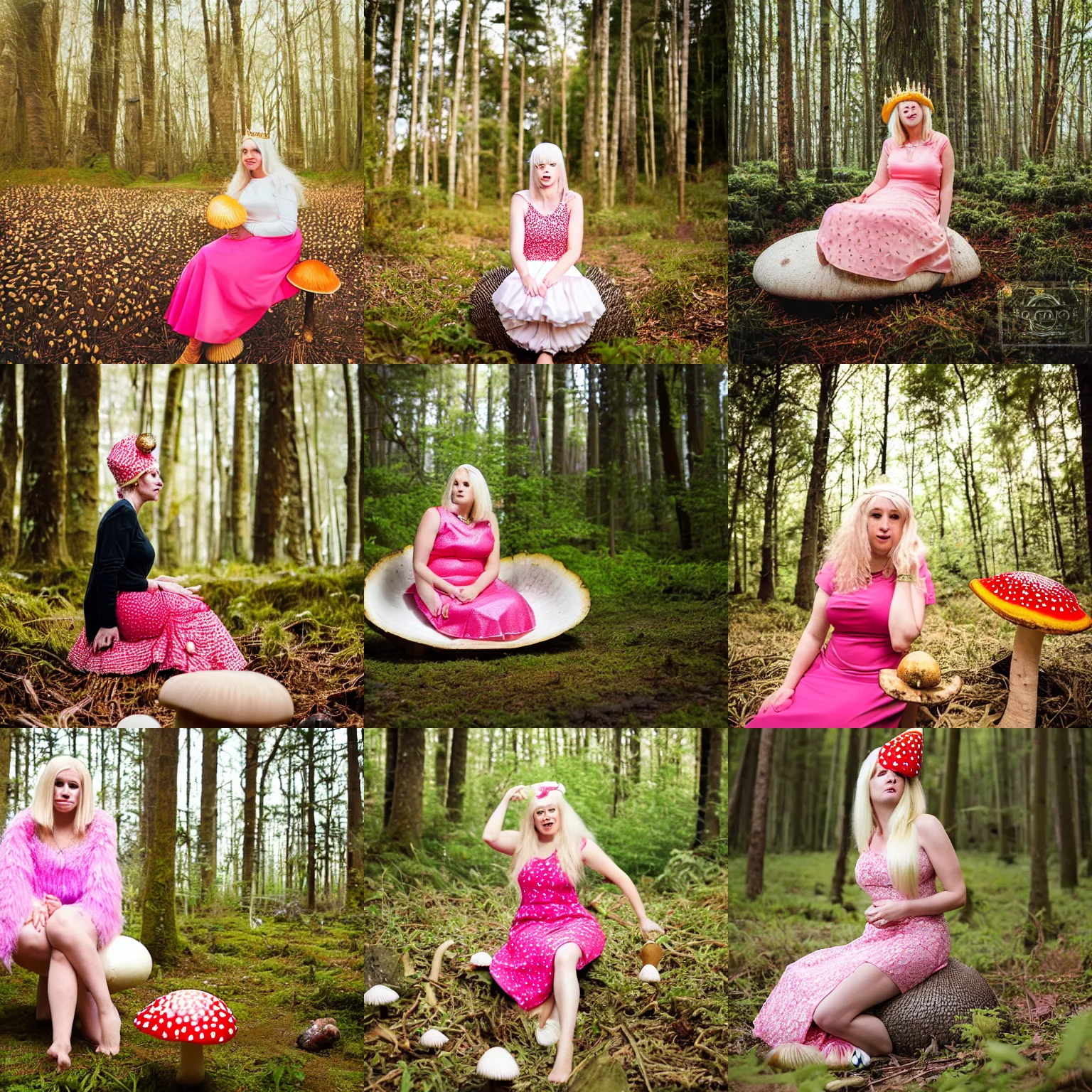 Prompt: a white woman with blonde hair, wearing a pink dress, wearing gold crown, shocked, surprised, sitting on a giant Fly Agaric mushroom, in a magical mushroom forest, portrait photography, bokeh, 50mm lens, f1.8