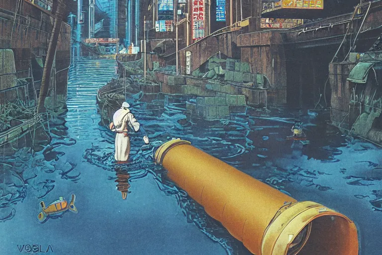 Image similar to 1 9 7 9 omni cover of a sewer pipe near spewing fish and trash into a moat in tokyo. entire background is a wall. art in cyberpunk style by dali, and vincent di fate