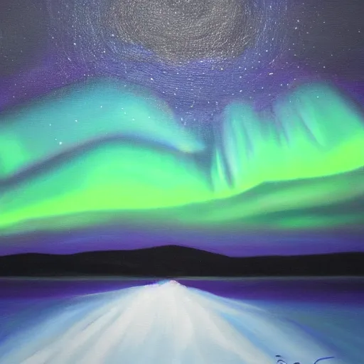 Image similar to a painting of the aurora borealis in the night sky, an oil on canvas painting by Nína Tryggvadóttir, deviantart, metaphysical painting, bioluminescence, nightscape, sense of awe