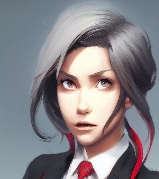 Prompt: a girl in a business, close up, sharp focus, red necktie and grey hair, digital painting, by tran ross and jordan grimmer and greg rutkowski, anime art, artstation, hd, smooth,