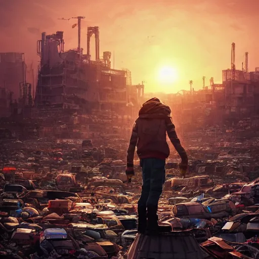 Image similar to kid standing on pile of cars on garbage dump, wasteland city, sunset sky, nostalgia feeling, greg rutkowski, alphonse mucha, trending on artstation, 4 k highly detailed art, digial art, karl schulschenk, dmitriy eremenkov