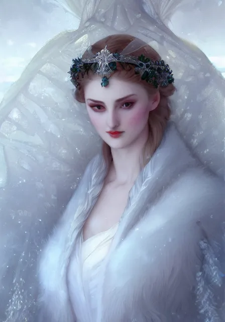 Image similar to snow ice queen frizen sansa, intricate, elegant, highly detailed, digital painting, artstation, concept art, smooth, sharp focus, illustration, art by artgerm and greg rutkowski and alphonse mucha and william - adolphe bouguereau