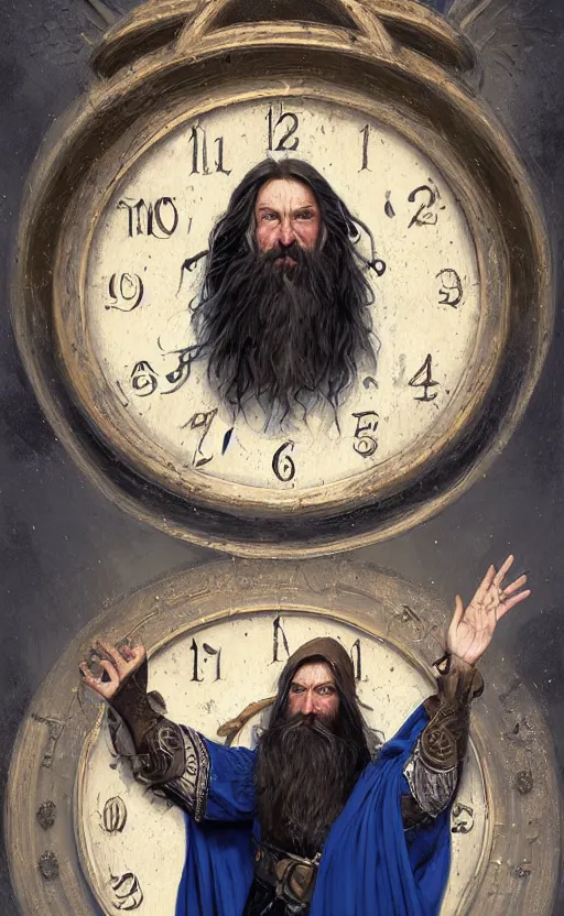 Image similar to portrait of a middle aged elf with a long beard, dressed in a blue cloak with clock iconography, brown hair, raised hand, detailed face, fantasy, highly detailed, cinematic lighting, digital art painting by greg rutkowski