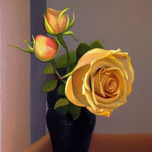 Image similar to The rose is placed in a vase on a windowsill. The light from the window casts a warm, golden glow on the petals of the rose, making them appear illuminated. The colors in the painting are soft and muted, giving the overall impression of a tranquil scene. Trending on artstation, in the style of famous painter.