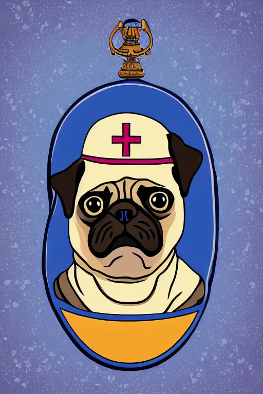 Prompt: Portrait of a pug as the pope, knight, medieval, sticker, colorful, illustration, highly detailed, simple, smooth and clean vector curves, no jagged lines, vector art, smooth