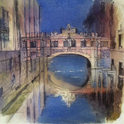 Image similar to the bridge of sighs in the style of vrubel, watercolor, pastel colors, chiaroscuro, bleached colors