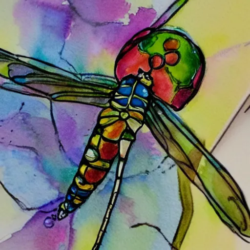 Prompt: water color illustration of a dragonfly with a human head. flower in it's mouth. collaborative piece by the worlds best artists. trending on everything, all the details.