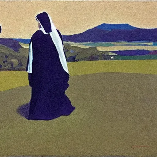 Image similar to nuns in a landscape, by giacomo balla