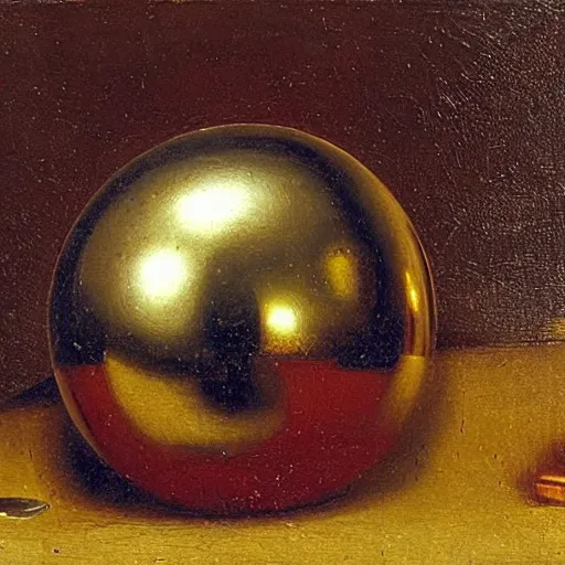 Prompt: chrome spheres on a red cube by cornelis van haarlem