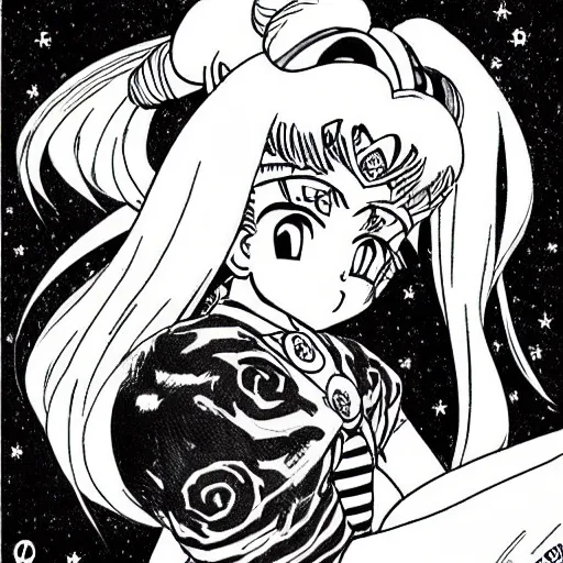 Prompt: sailor moon, highly detailed, illustrated by akira toriyama, manga, black and white illustration