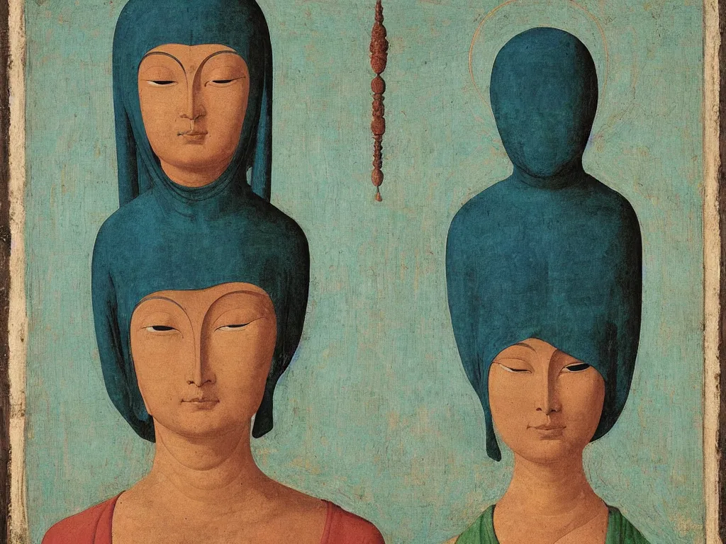 Image similar to portrait of a woman buddhist deity head with niqab. night, comet. lapis - lazuli, turquoise, malachite, cinnabar, earth brown. painting by piero della francesca, balthus, agnes pelton