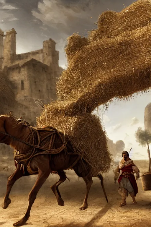 Image similar to ezio audotire plunging into a cart filled with haystack, background has pyramids and dromedaries walking by, digital art, trending on artstation, 4 k