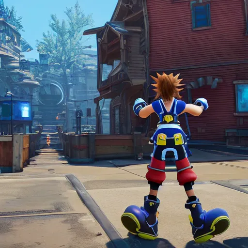 Image similar to Kingdom Hearts 3 as a First Person Shooter game with a HUD, Fallout 4 inspired screenshot of kingdom hearts 3, unreal engine 4, stunning visuals with rtx on, trending on artstation, Disney Square Enix and Fortnite Crossover