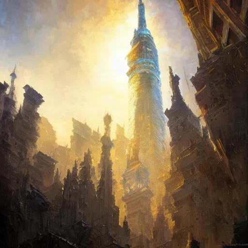 Prompt: Oil painting of an immensely high sky tower, stone building, stairway, D&D, Magic The Gathering, by Craig Mullins, intricate details, light rays from the surface, Nekro, Victo Ngai, centered, symmetrical, volumetric lighting