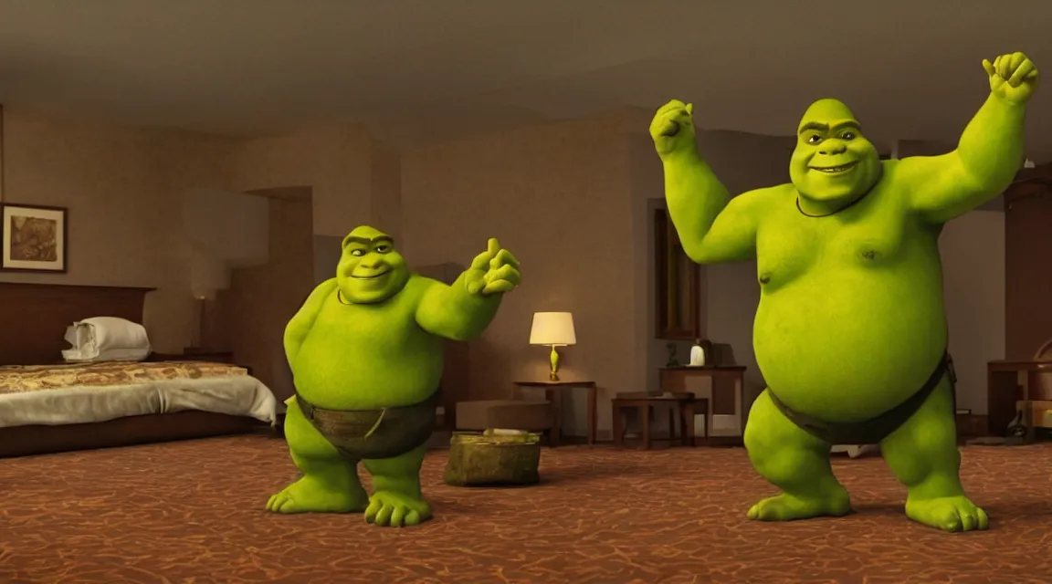 Prompt: Shrek tearing up a hotel room, octane render, epic composition, cinematic lighting, screenshot from pulp fiction