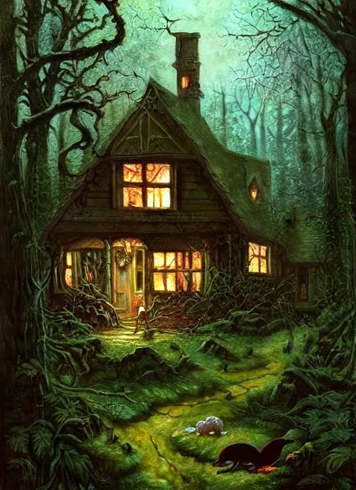 Image similar to hyper realistic homely witch cottage rococo in the woods gorgeous lighting, highly detailed, lush forest painting by norman rockwell, james gurney zdzisław beksinski and norman rockwell and greg rutkowskiweta studio